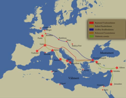 map showing Europe and Middle East with routes taken to wage First crusade